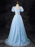 Blue Butterfly Appliques Sequins Prom Dress, A-Line Short Sleeve Backless Princess Formal Dress HZ1024