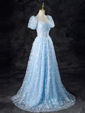 Blue Butterfly Appliques Sequins Prom Dress, A-Line Short Sleeve Backless Princess Formal Dress HZ1024