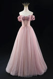 A-Line Tulle Beaded Floor Length Prom Dress, Lovely Off the Shoulder Evening Party Dress HZ1024