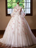 A-Line Tulle Floral Floor Length Prom Dress, Off the Shoulder Formal Party Dress HZ1024
