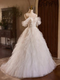 A-Line Tulle Layers Long Prom Dress, Ivory Spaghetti Strap Sweet 16 Dress Evening Dress HZ1024