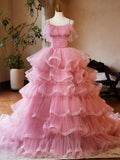Pink Tulle Layers Long A-Line Prom Dress, Pink Spaghetti Strap Sweet 16 Dress Evening Dress HZ1024