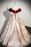 Beautiful Floral Satin Sweetheart Off Shoulder Prom Dress, Burgundy Long Satin Backless Party Dress HZ1024