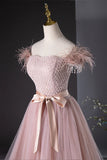 Pink Tulle Beaded Long Prom Dress, Lovely Pink Off the Shoulder Evening Party Dress HZ1024