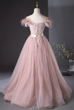 Pink Tulle Beaded Long Prom Dress, Lovely Pink Off the Shoulder Evening Party Dress HZ1024