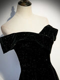 Black Velvet Long Prom Dress, Black Off the Shoulder Evening Party Dress HZ1024