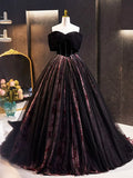 Black Velvet Tulle Long Prom Dress with Rose Print Pattern, Elegant Off the Shoulder Party Dress HZ1024