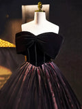 Black Velvet Tulle Long Prom Dress with Rose Print Pattern, Elegant Off the Shoulder Party Dress HZ1024