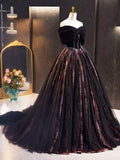 Black Velvet Tulle Long Prom Dress with Rose Print Pattern, Elegant Off the Shoulder Party Dress HZ1024