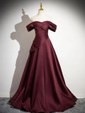 Dark Burgundy Satin Long Prom Dress, A-Line Off the Shoulder Evening Party Dress HZ1024