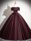 Dark Burgundy Satin Long Prom Dress, Elegant A-Line Off the Shoulder Evening Party Dress HZ1024