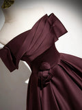 Dark Burgundy Satin Long Prom Dress, Elegant A-Line Off the Shoulder Evening Party Dress HZ1024