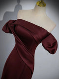 Burgundy Satin Long Prom Dress, Mermaid Off the Shoulder Evening Party Dress HZ1024