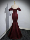 Burgundy Satin Long Prom Dress, Mermaid Off the Shoulder Evening Party Dress HZ1024