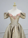 Gold Satin V-Neck Long Prom Dress with Flowers, Off the Shoulder A-Line Formal Dress HZ1024