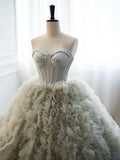 Gray Strapless Tulle Long Prom Dress, Beautiful A-Line Sweetheart Neck Formal Evening Dress HZ1024