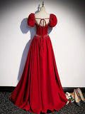Elegant Burgundy Floor Length Prom Dress, A-Line Beading Puffy Short Sleeve Backless Evening Dress HZ1024