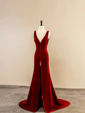 Burgundy V-Neck Velvet Long Prom Dress, Simple Mermaid Backless Evening Dress HZ1024