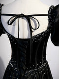 Black Satin Beaded Floor Length Prom Dress, Black A-Line Short Sleeve Evening Dress HZ1024