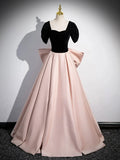 Black Satin and Pink Satin Long Prom Dress, Lovely A-Line Bow Party Evening Dress HZ1024