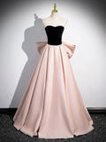 Black Satin and Pink Satin Long Prom Dress, Lovely A-Line Bow Party Evening Dress HZ1024
