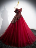 Burgundy Tulle Sequins Floor Length Prom Dress, Off the Shoulder Formal Evening Dress HZ1024
