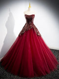 Burgundy Tulle Sequins Floor Length Prom Dress, Off the Shoulder Formal Evening Dress HZ1024