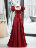 Elegant Burgundy Satin Long Prom Dress with Beaded, Burgundy Short Sleeve Evening Dress HZ1024