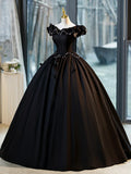 Black A-Line Floor Length Prom Dress with Pearl, Off the Shoulder Evening Party Dress HZ1024