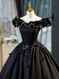 Black A-Line Floor Length Prom Dress with Pearl, Off the Shoulder Evening Party Dress HZ1024