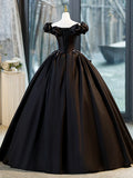 Black A-Line Floor Length Prom Dress with Pearl, Off the Shoulder Evening Party Dress HZ1024