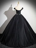 Black Pleated Long A-line Party Gown with Rhinestone Sash, Elegant Off the Shoulder Formal Evening Dress HZ1024