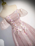 Pink Tulle Lace Long Prom Dress with Beaded, A-Line Off the Shoulder Evening Party Dress HZ1024