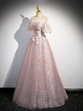 Pink Tulle Lace Long Prom Dress with Beaded, A-Line Off the Shoulder Evening Party Dress HZ1024