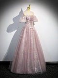 Pink Tulle Lace Long Prom Dress with Beaded, A-Line Off the Shoulder Evening Party Dress HZ1024
