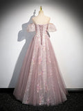 Pink Tulle Lace Long Prom Dress with Beaded, A-Line Off the Shoulder Evening Party Dress HZ1024