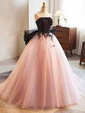 Black and Pink Tulle Lace Long Prom Dress, A-Line Strapless Evening Sweet 16 Dress HZ1024