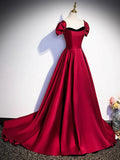 Burgundy Satin Strapless Prom Dress, Simple A-Line Party Dress with Detachable Sleeve HZ1024