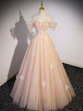 Light Pink Tulle Floor Length Prom Dress, Beautiful Off the Shoulder Evening Party Dress HZ1024