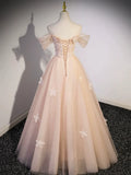 Light Pink Tulle Floor Length Prom Dress, Beautiful Off the Shoulder Evening Party Dress HZ1024