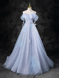 Blue Pearl Tulle Floor Length Prom Dress, A-Line Off the Shoulder Formal Party Dress HZ1024
