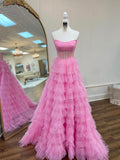 Pink Strapless Tulle Sparkle Floor Length Prom Dress, Beautiful A-Line Evening Party Dress HZ1024
