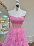 Pink Strapless Tulle Sparkle Floor Length Prom Dress, Beautiful A-Line Evening Party Dress HZ1024