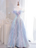 Lovely Purple Tulle Sequins Long Prom Dress, Off the Shoulder Evening Party Dress HZ1024