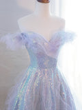 Lovely Purple Tulle Sequins Long Prom Dress, Off the Shoulder Evening Party Dress HZ1024