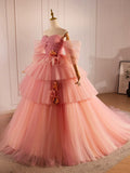 Pink Sweetheart Neck Tulle Long Ball Gown, Beautiful A-Line Evening Party Gown HZ1024