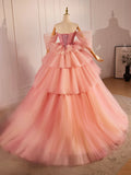 Pink Sweetheart Neck Tulle Long Ball Gown, Beautiful A-Line Evening Party Gown HZ1024