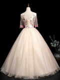 Champagne V-Neck Tulle Lace Long Prom Dress, A-Line Lovely Evening Party Dress HZ1024