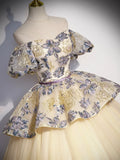 Champagne Floral Tulle Long Formal Dress, Off the Shoulder A-Line Evening Party Gown HZ1024