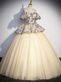 Champagne Floral Tulle Long Formal Dress, Off the Shoulder A-Line Evening Party Gown HZ1024